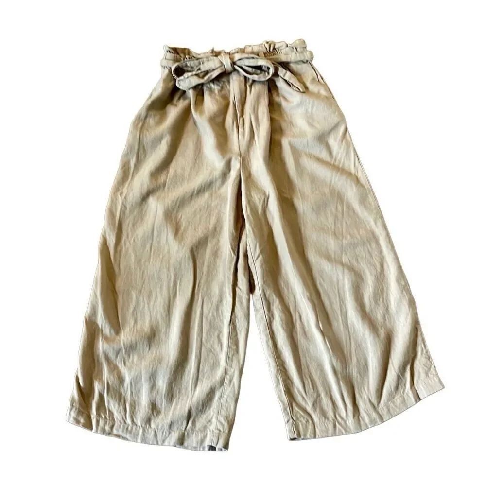 Forever 21 linen blend tan wide leg tie waist pant